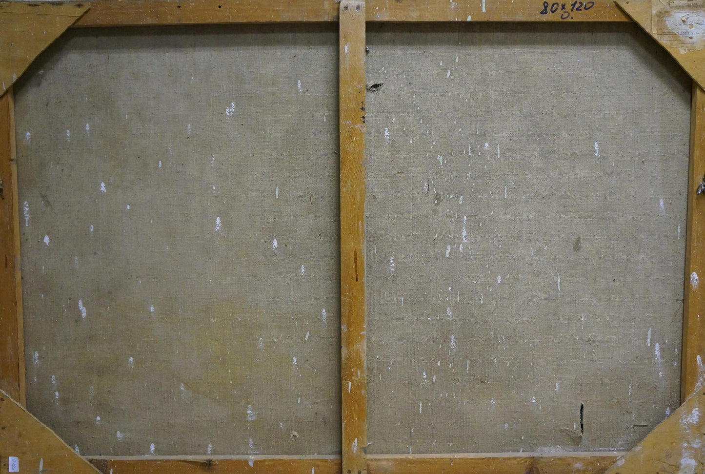 Back of Ivan Stoyanov oil painting Still life on canvas with beige fabric and staples