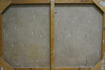 Back of Ivan Stoyanov oil painting Still life on canvas with beige fabric and staples