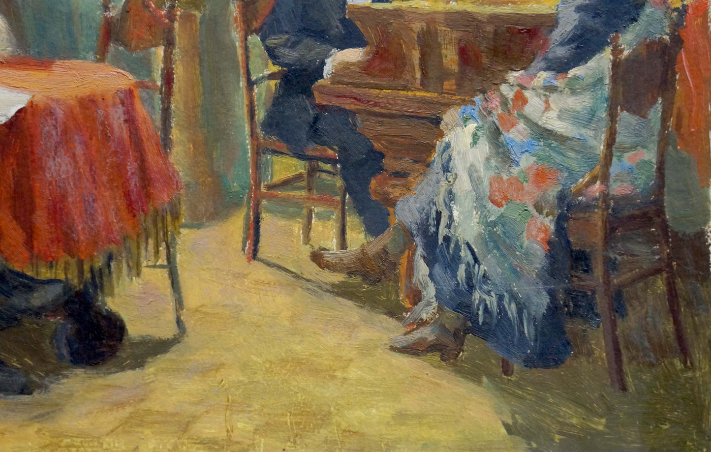 Oil painting of woman in blue floral dress sitting crossed-legs, Speech to Lenin