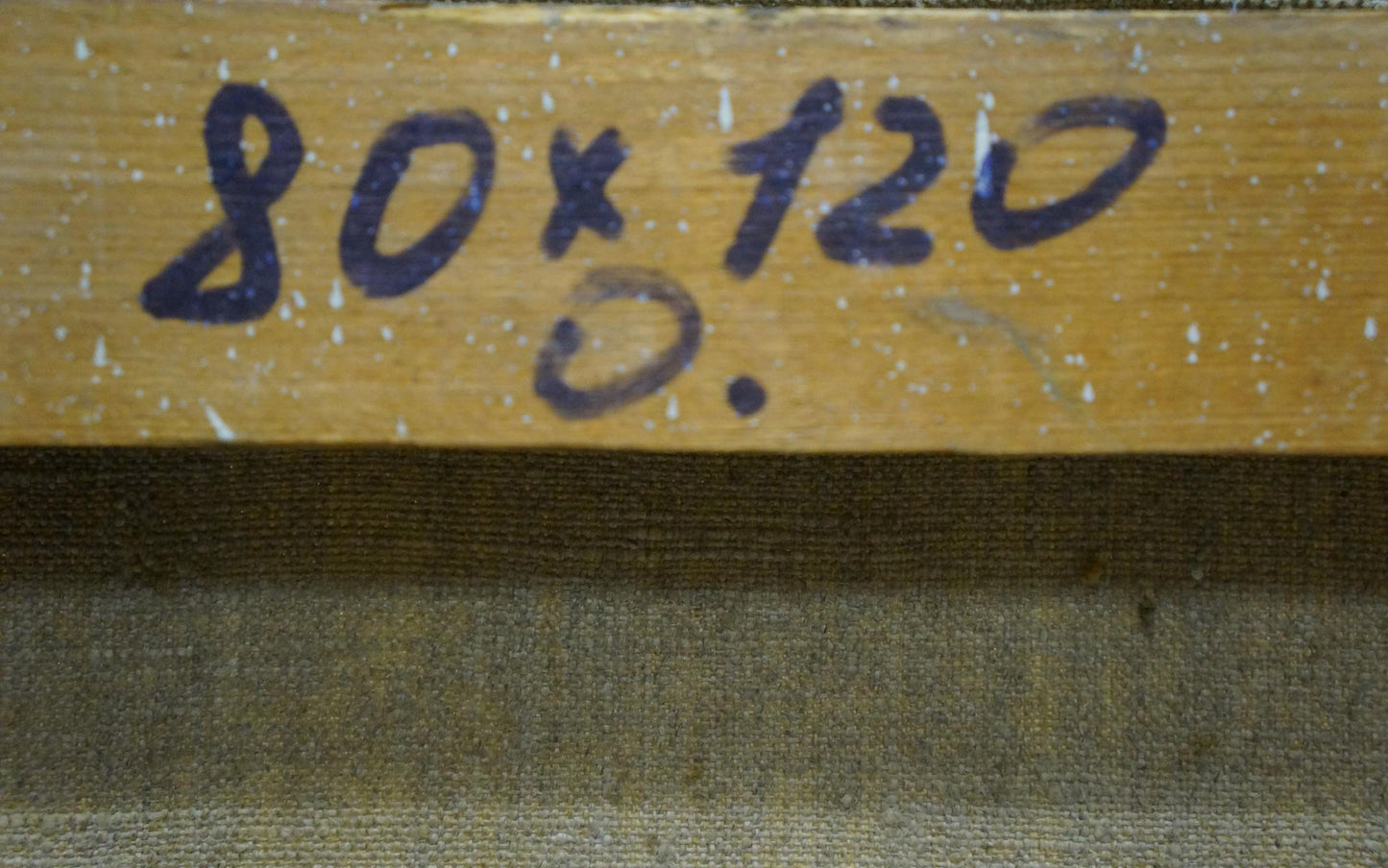 Back of Ivan Stoyanov oil painting with natural wood frame and dimension markings
