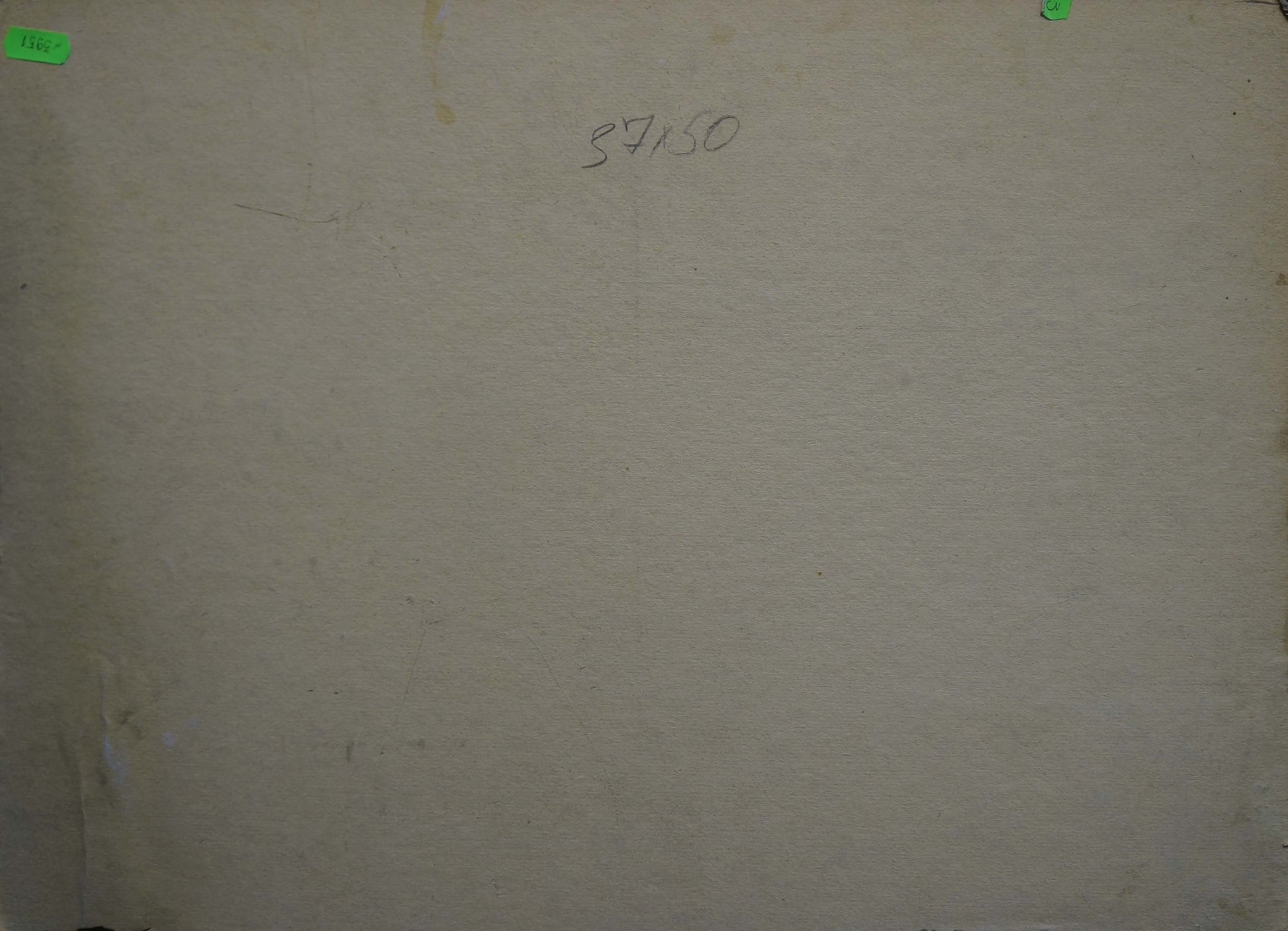 Back of Oil Painting Speech to Lenin: beige canvas, handwritten 87150, green tabs