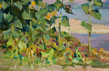 Vibrant impressionist oil painting of sunlit sunflowers garden by Glushchenko Nikolay Petrovich