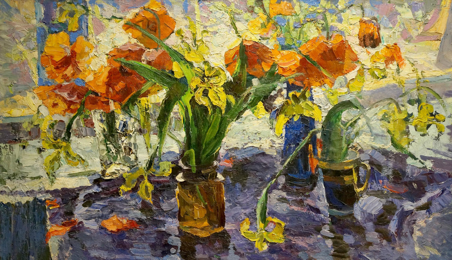 Oil painting of vibrant orange yellow tulips in glass vase on windowsill