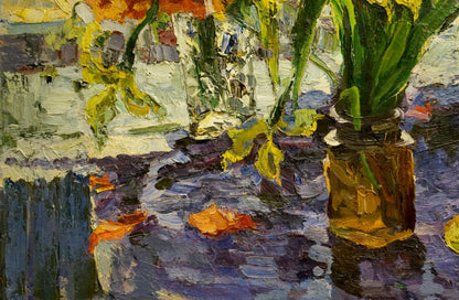 Oil painting of vibrant yellow tulips in glass jar on windowsill