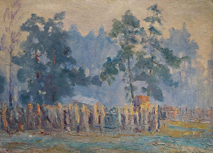 Soft-focus impressionist oil painting of forested courtyard landscape by Kalatsyuk Yakov Alekseevich