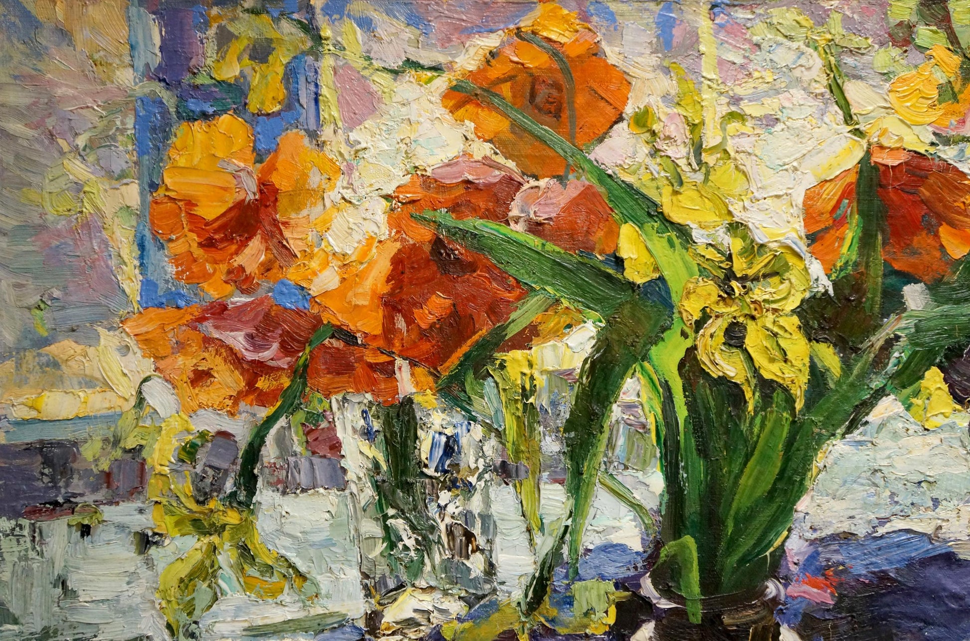 Oil painting of vibrant orange yellow tulips on windowsill