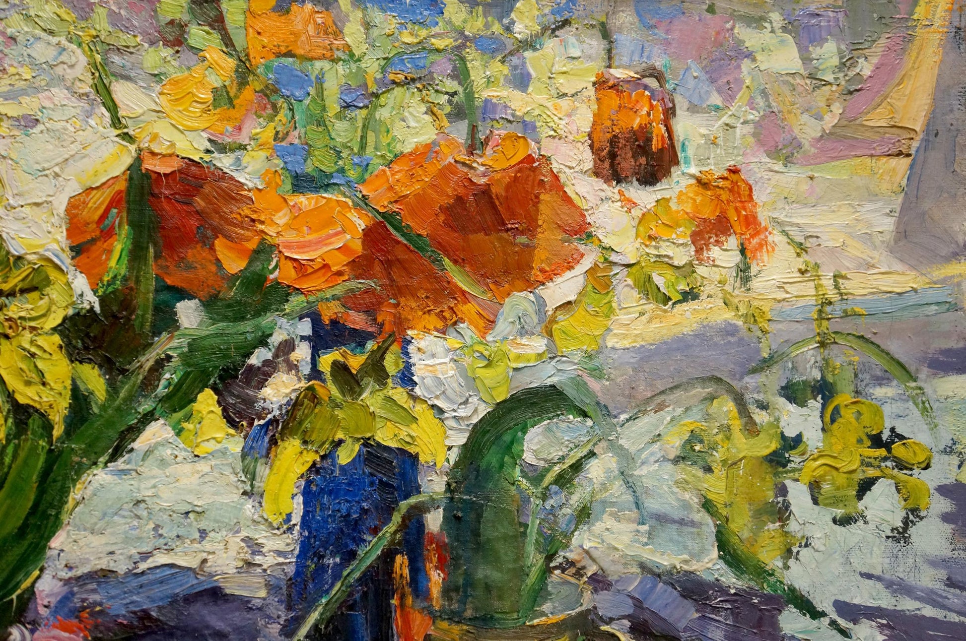 Oil painting of vibrant orange yellow flowers in blue vase on windowsill