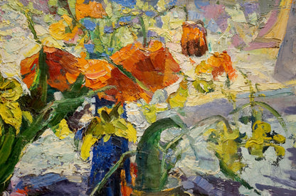 Oil painting of vibrant orange yellow flowers in blue vase on windowsill