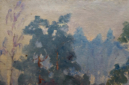 Oil painting of impressionistic trees in blues and purples by Kalatsyuk Yakov Alekseevich
