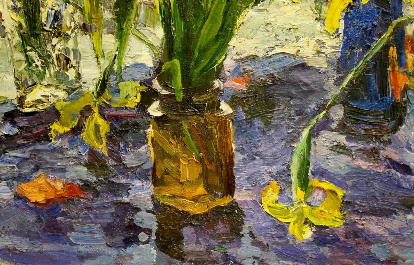 Vibrant yellow daffodil in glass jar oil painting by unknown artist