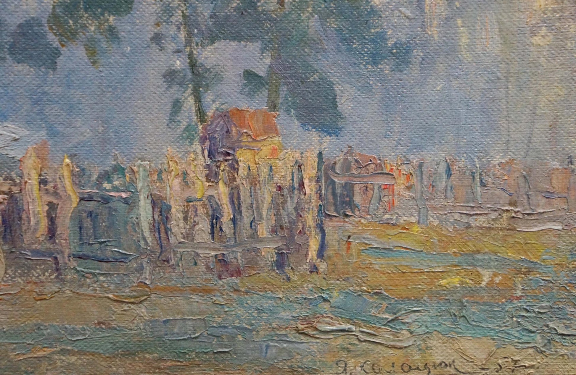Impressionistic oil painting of riverside courtyard village by Kalatsyuk Yakov Alekseevich