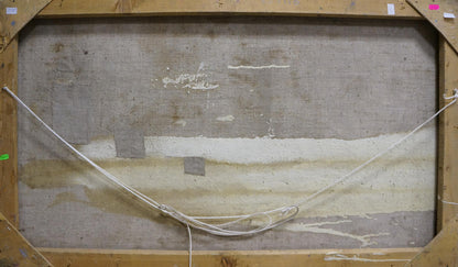 Back of framed oil painting Many flowers on the windowsill with beige canvas and wires