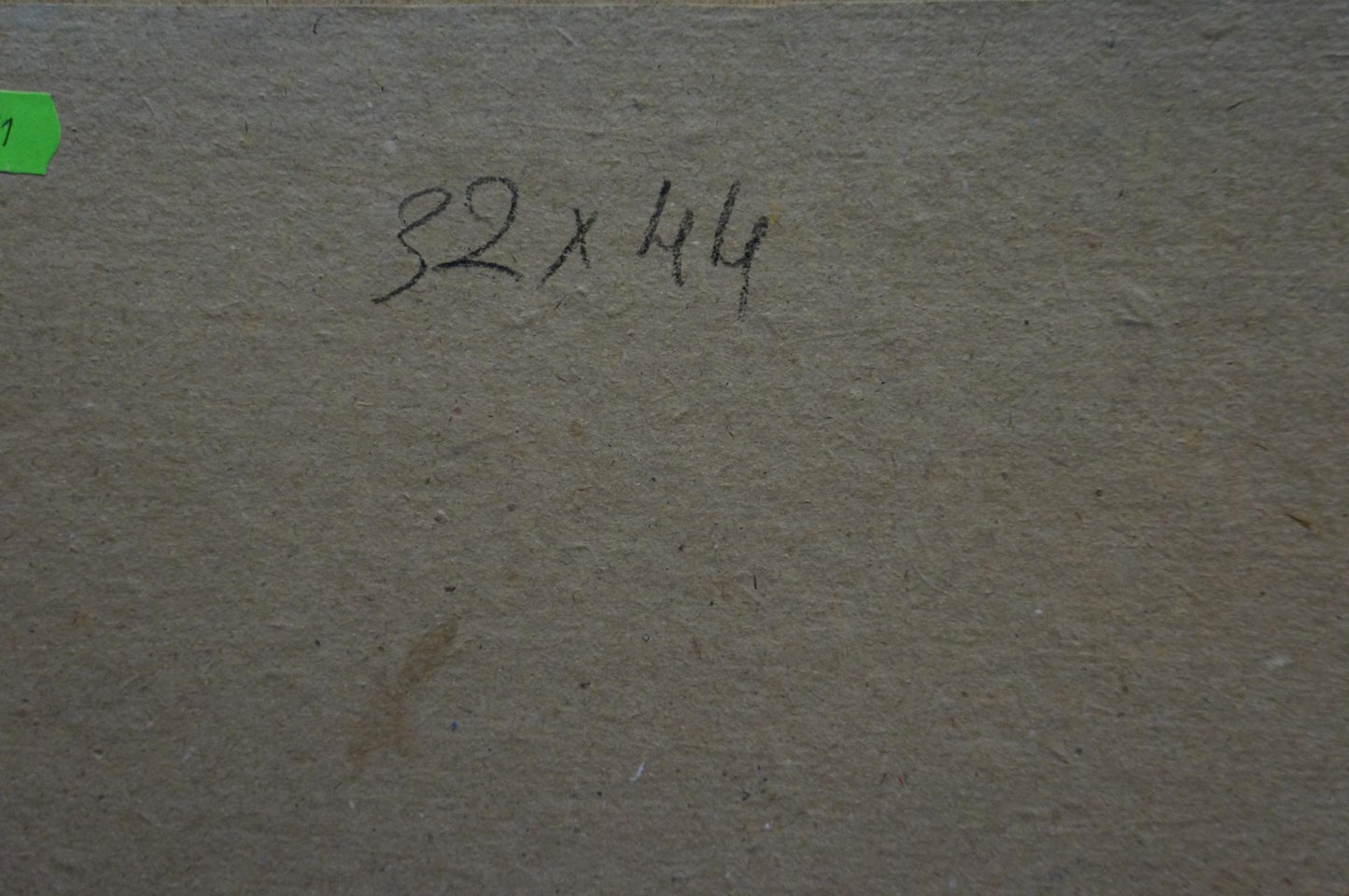 Back of oil painting Courtyard landscape by Kalatsyuk Yakov Alekseevich, brown cardboard with 32x44 dimensions and green sticker