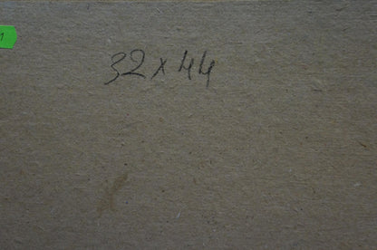 Back of oil painting Courtyard landscape by Kalatsyuk Yakov Alekseevich, brown cardboard with 32x44 dimensions and green sticker