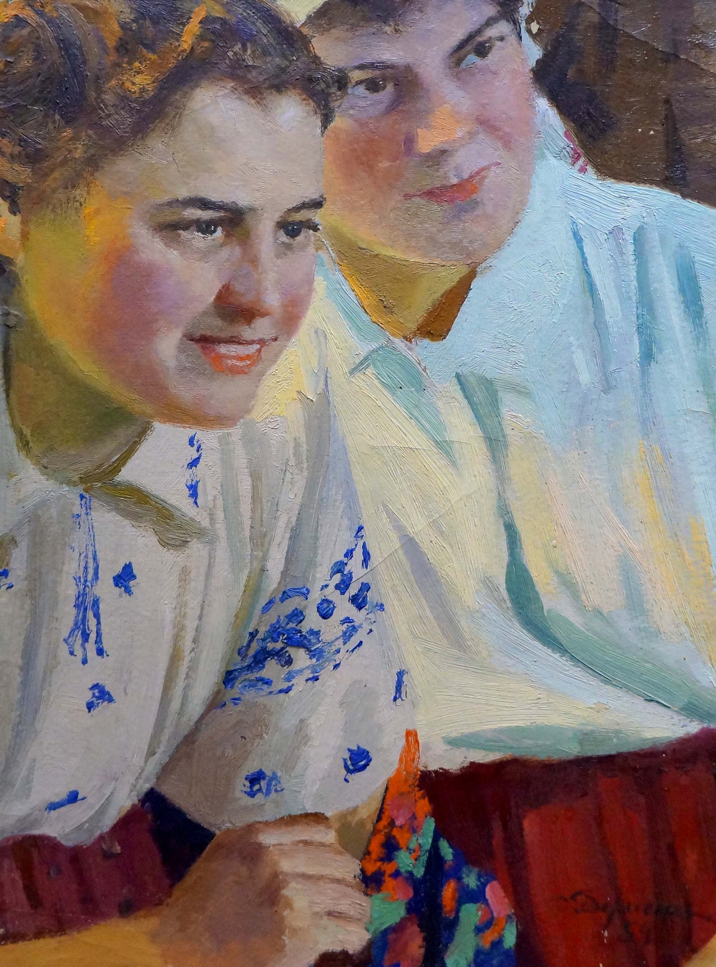 Oil painting portrait of two women in traditional attire by Dumenko Sergey Danilovich