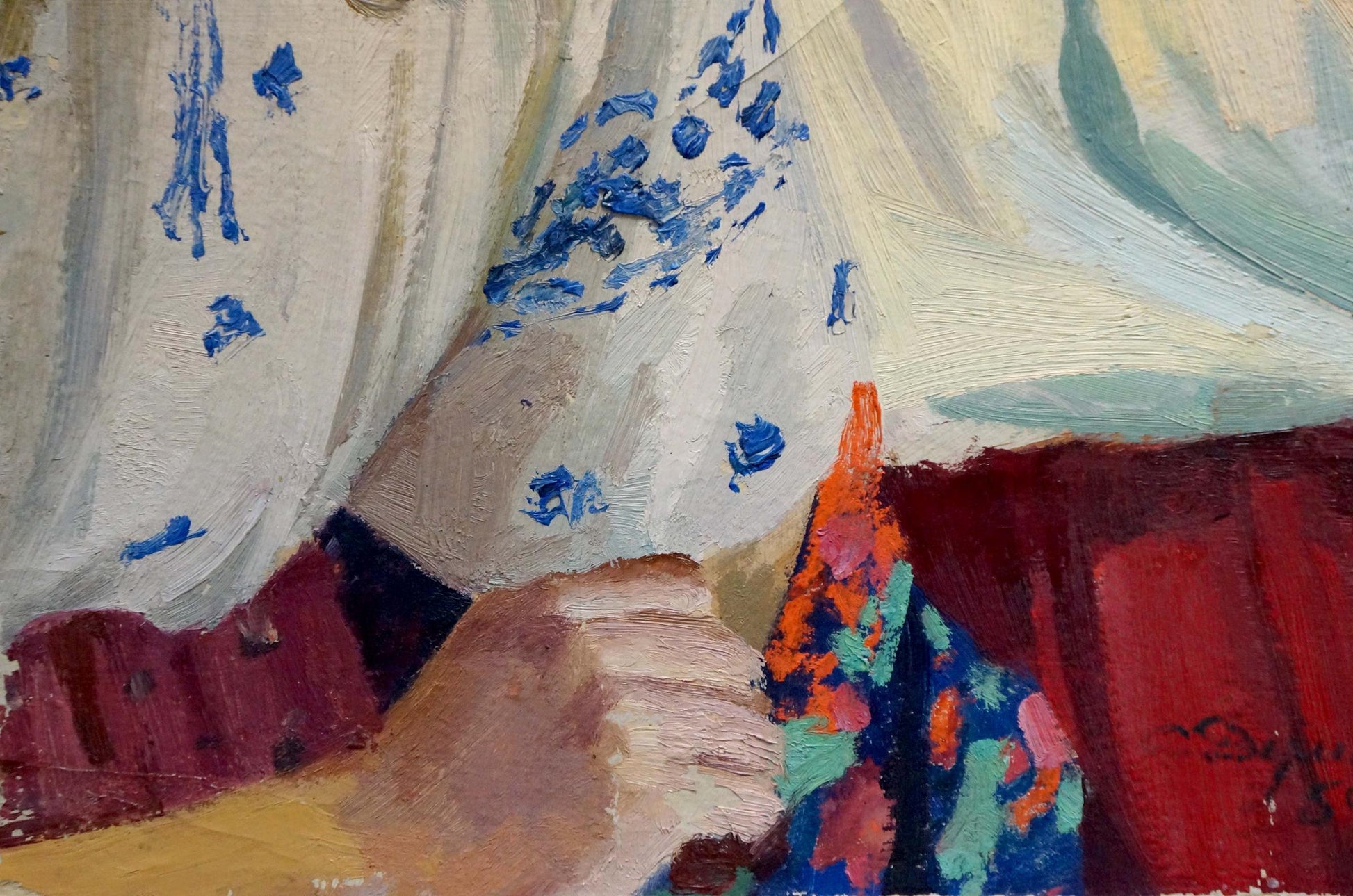 Hand grasping back of Oil painting Portrait of girls by Dumenko Sergey Danilovich with paint splatters