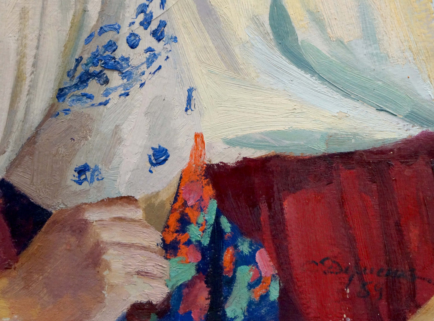 Oil painting portrait of girls by Dumenko Sergey Danilovich, hand holding floral fabric