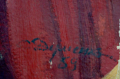 Back of oil painting Portrait of girls Dumenko Sergey Danilovich textured red canvas Berenger 1859 signature