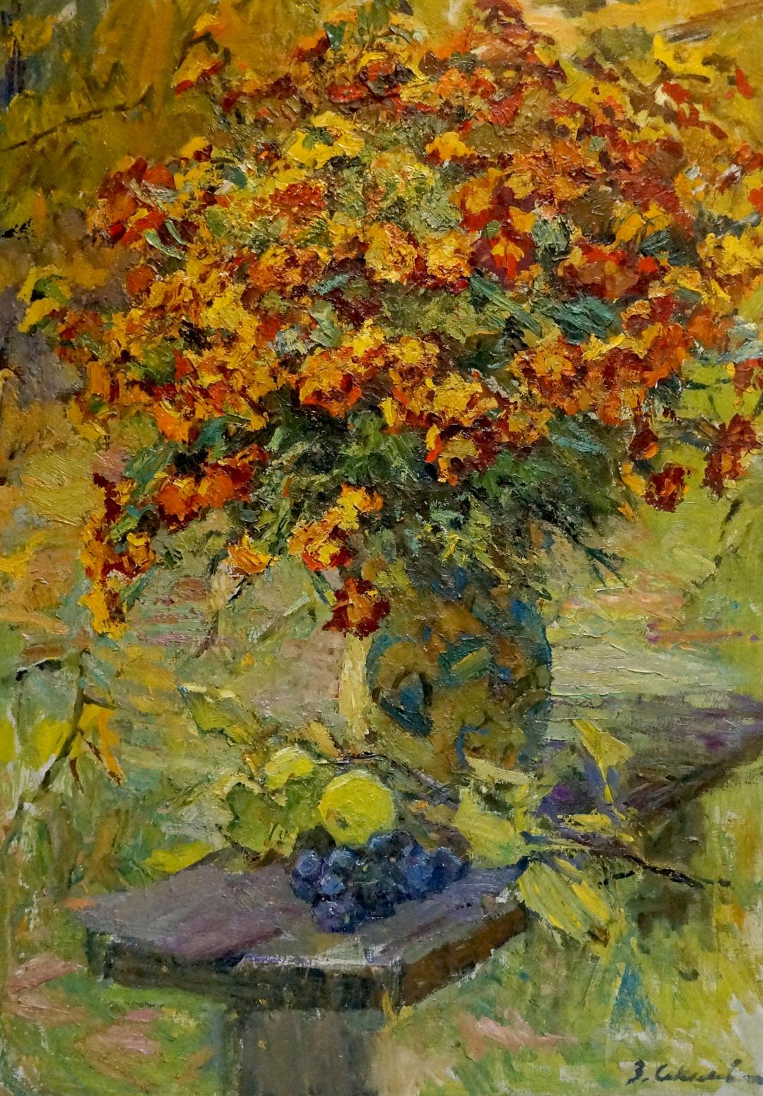 Oil painting of Zinaida Sokolova bouquet of orange yellow flowers in vase on bench