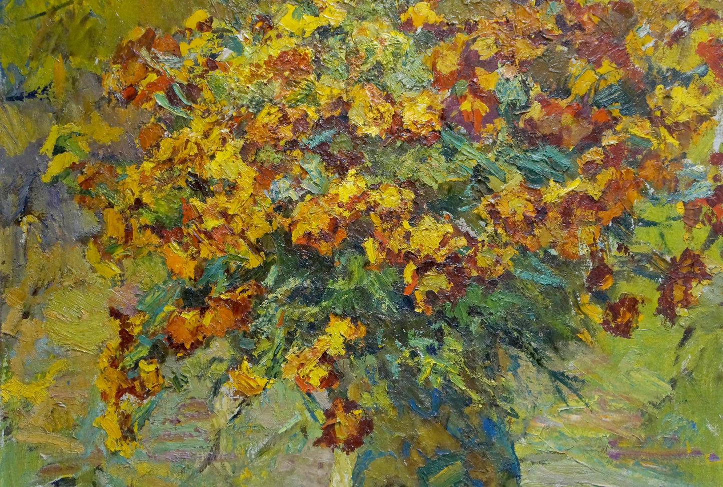 Vibrant yellow orange marigold bouquet on bench oil painting by Zinaida Sokolova