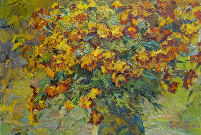 Vibrant yellow orange marigold bouquet on bench oil painting by Zinaida Sokolova