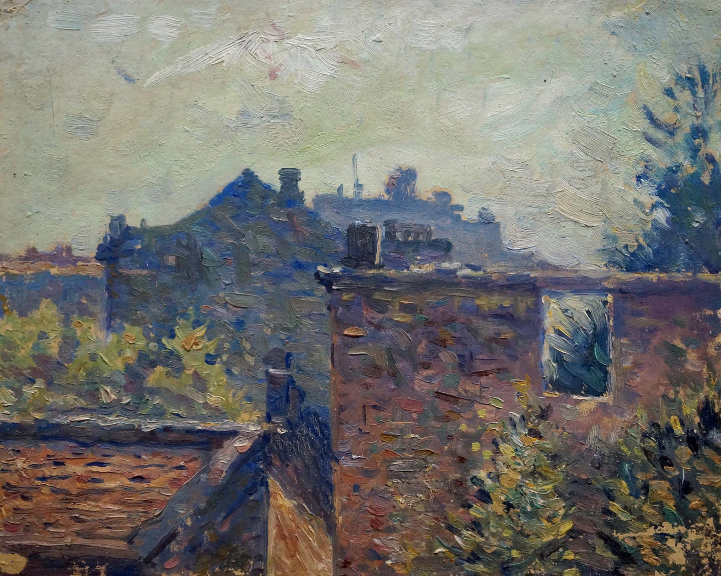 Impressionistic oil painting of Odessa cityscape with brick wall, foliage