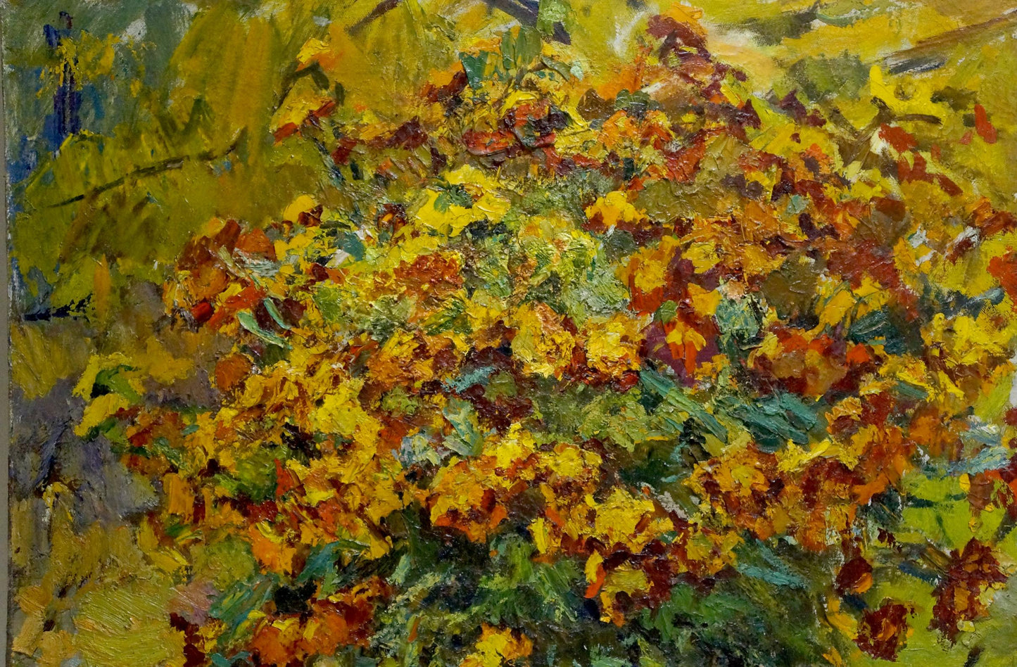 Vibrant impressionist oil painting of Zinaida Sokolova floral bouquet on bench