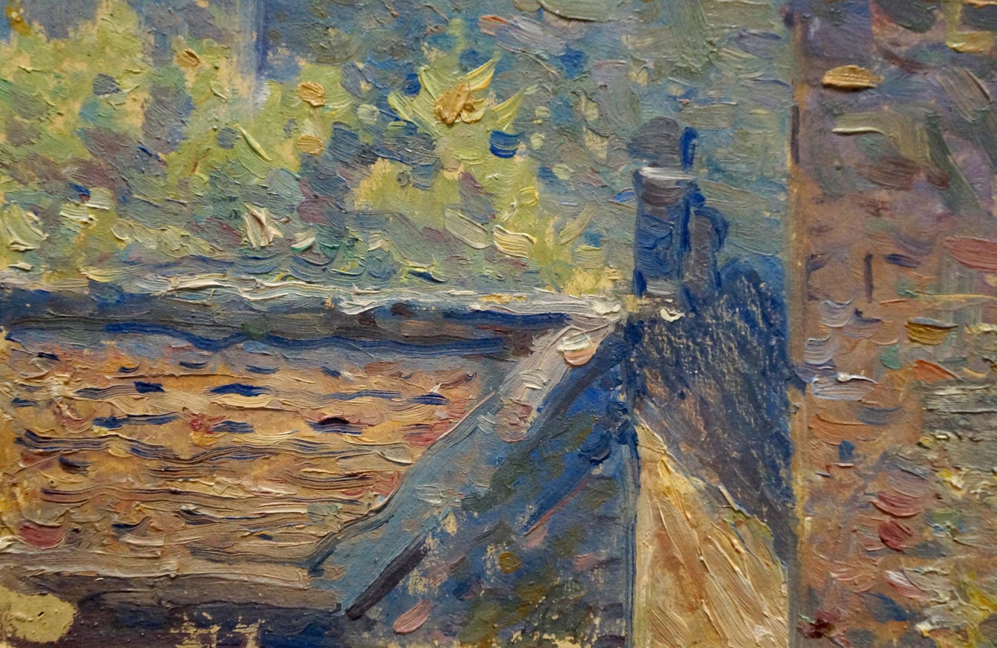 Impressionistic oil painting of Odessa city landscape with blue roof and foliage