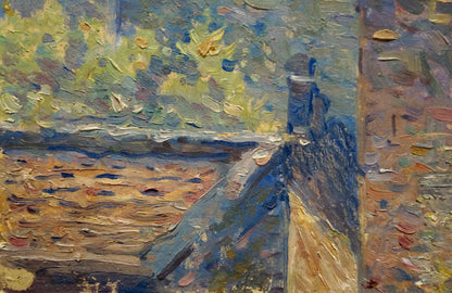 Impressionistic oil painting of Odessa city landscape with blue roof and foliage