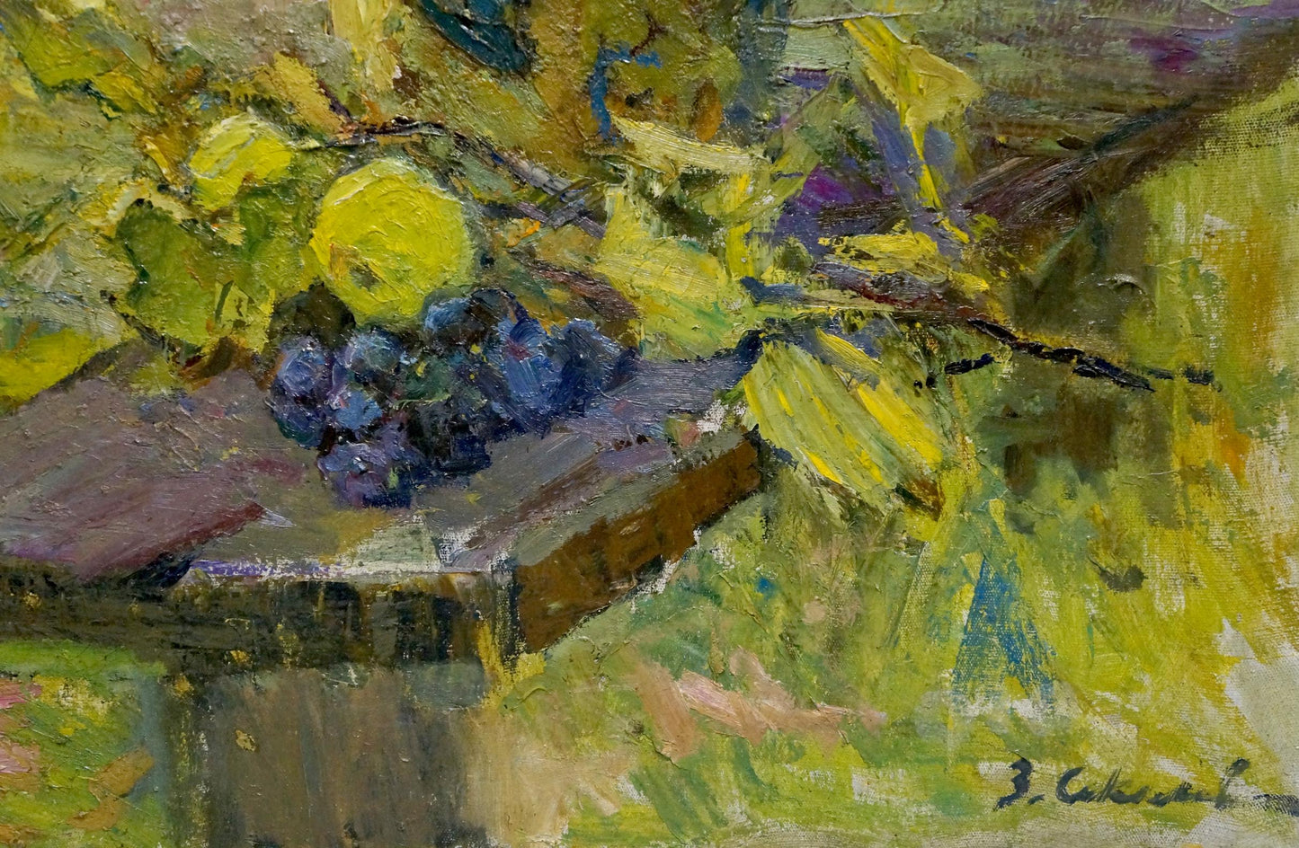 Impressionistic oil painting of dark purple grapes under yellow-green leaves by Zinaida Sokolova