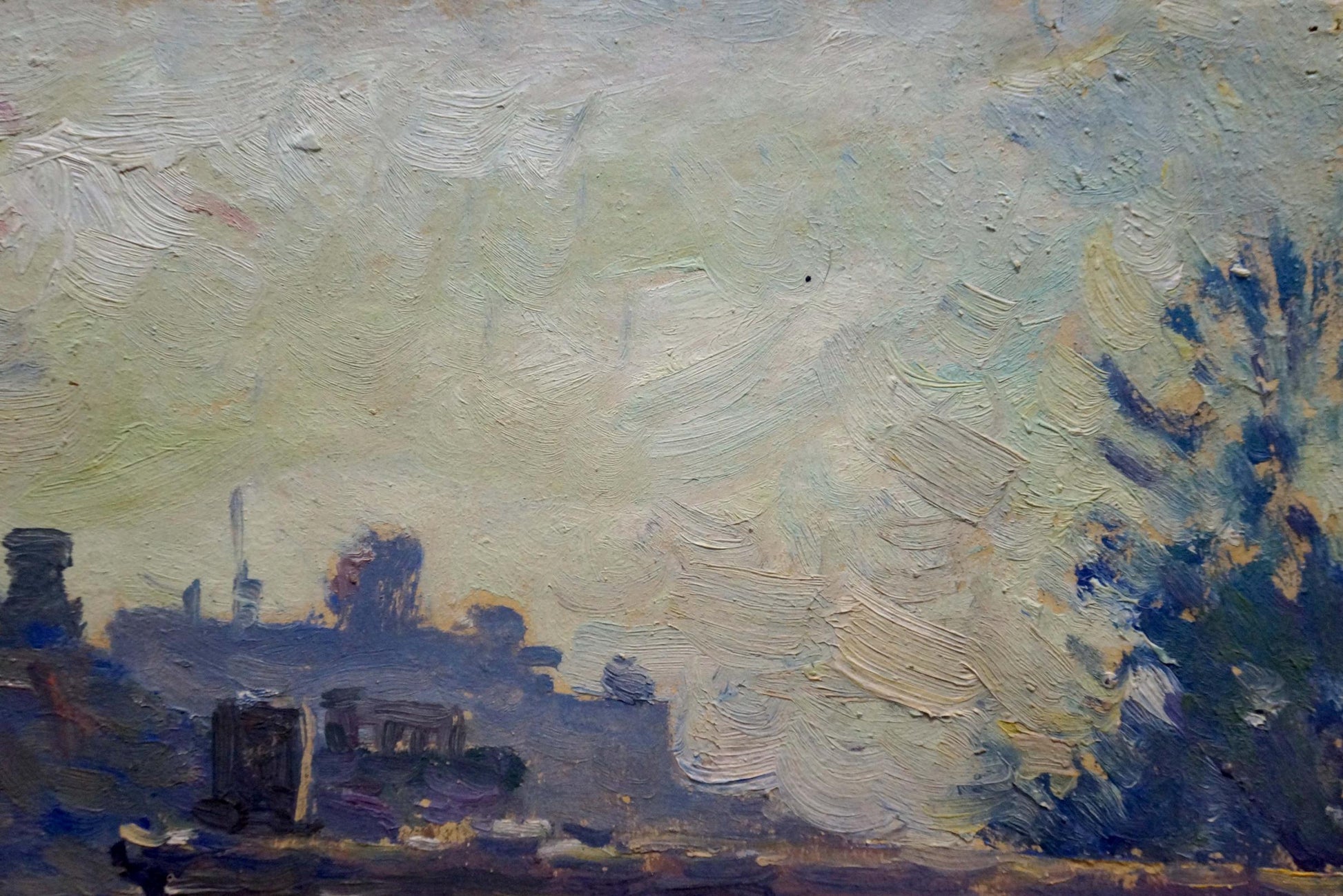 Textured oil painting of hazy Odessa city landscape by artist