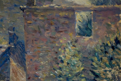 Textured impressionistic oil painting of Odessa city brick wall with foliage
