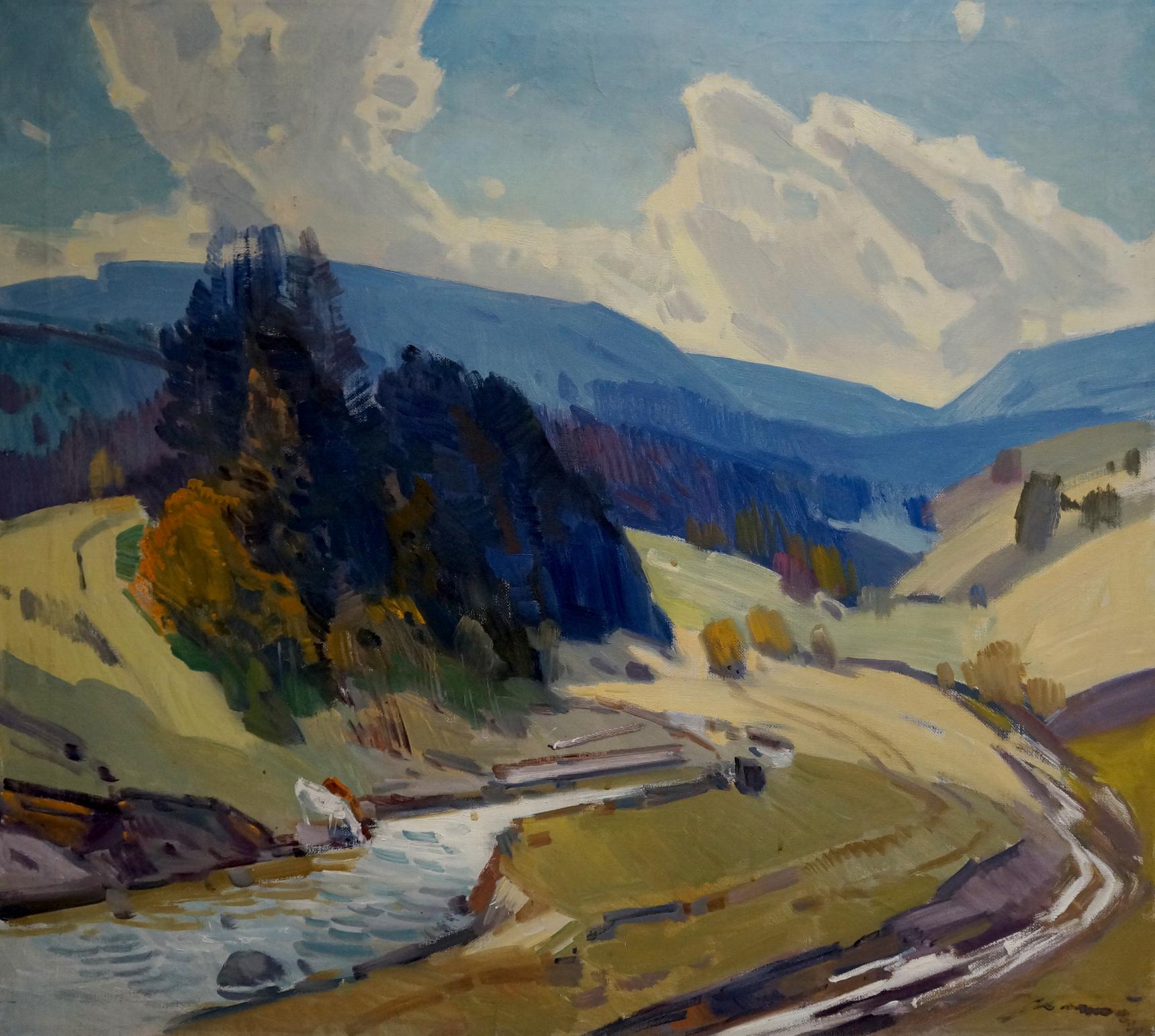 Vibrant impressionist oil painting by Kashshay Anton Mikhailovich: hills, river, mountains