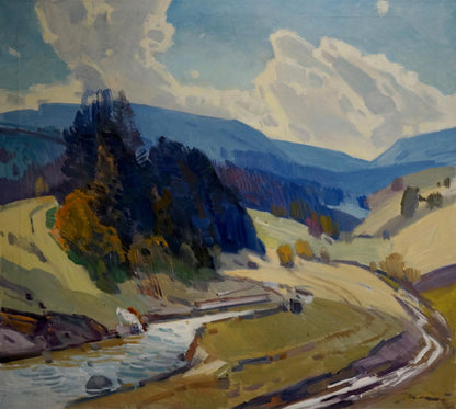 Vibrant impressionist oil painting by Kashshay Anton Mikhailovich: hills, river, mountains