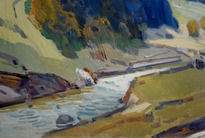 Vibrant impressionist oil painting by Kashshay Anton Mikhailovich of river in mountain plains