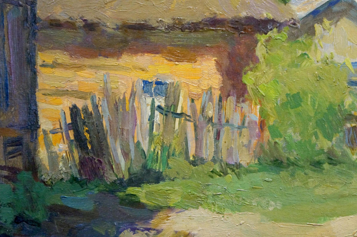 Oil painting by Pavlyuk Nikolay Artemovich: rustic yellow-white fence with green foliage