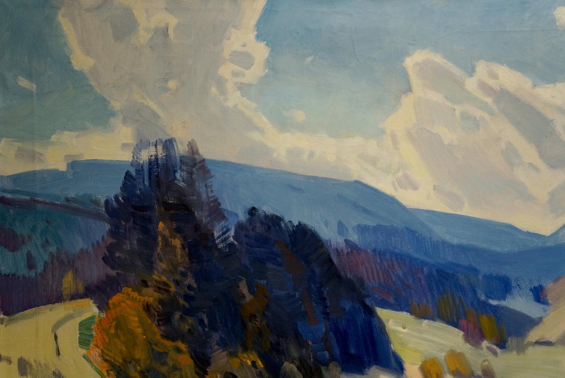 Oil painting by Kashshay Anton Mikhailovich: layered mountains in blues and autumn tones