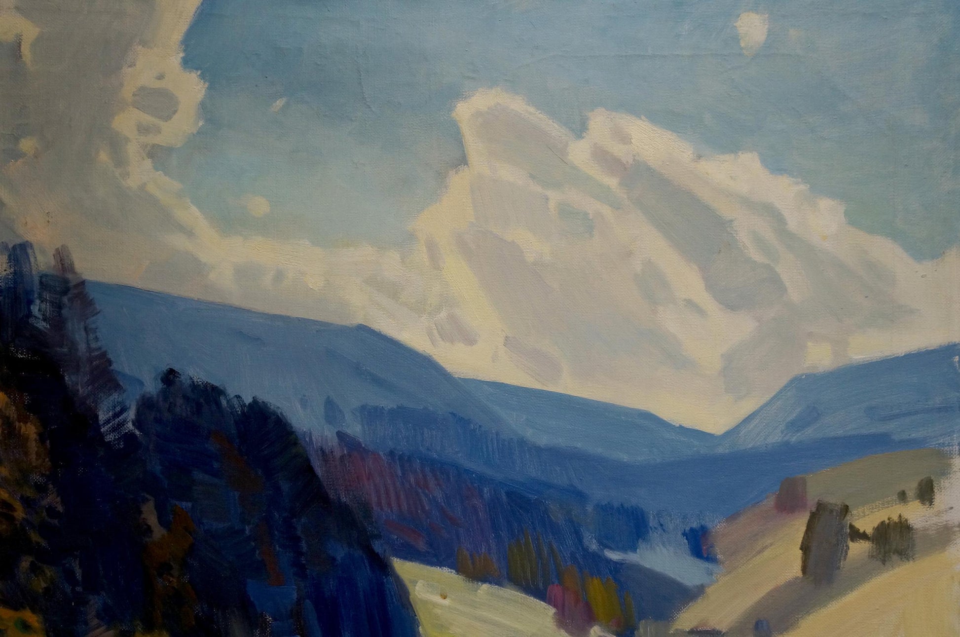 Oil painting of blue-purple layered mountains by Kashshay Anton Mikhailovich