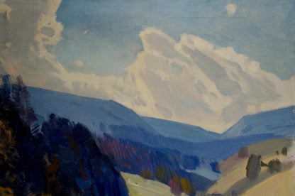 Oil painting of blue-purple layered mountains by Kashshay Anton Mikhailovich