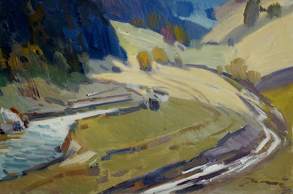 Vibrant impressionist oil painting by Kashshay Anton Mikhailovich of river in hills