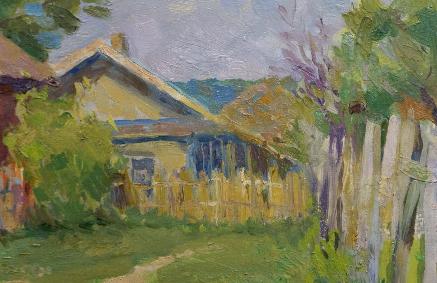 Oil painting of rustic yellow house in village landscape by Pavlyuk Nikolay Artemovich