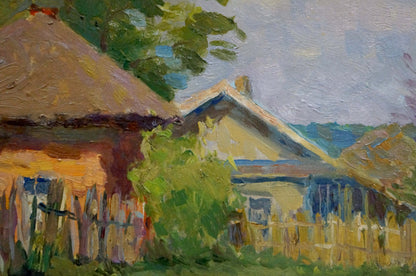 Rustic oil painting of thatched cottage village landscape by Pavlyuk Nikolay Artemovich