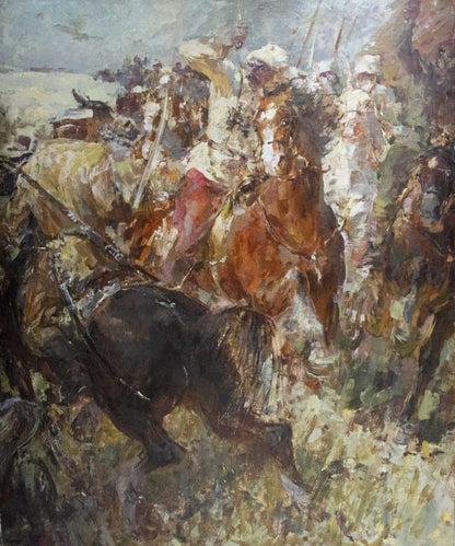 Oil painting of chaotic cavalry charge by Mikhail Stepanovich Rybnikov