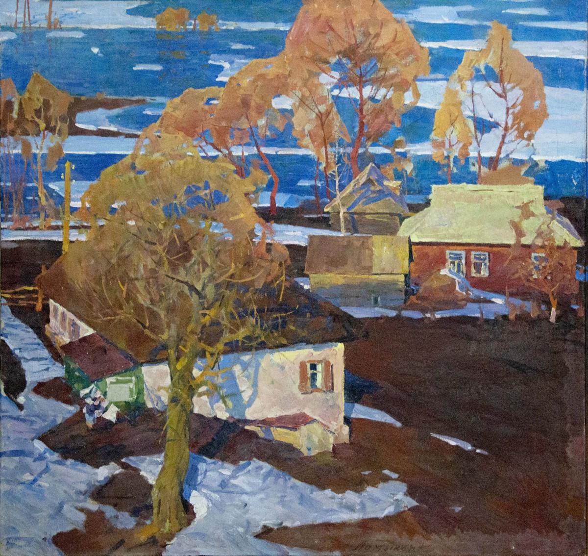 Vibrant impressionistic oil painting of snowy village by Lomykin Konstantin Matveevich