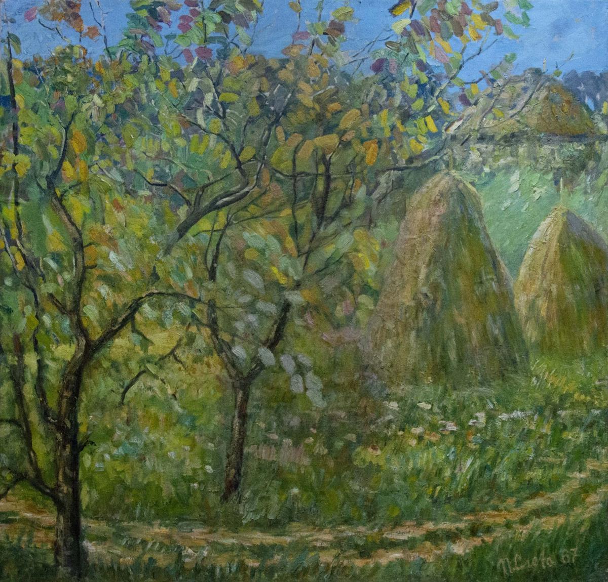 Oil painting At the Village: golden-brown hay bales in sunlit field