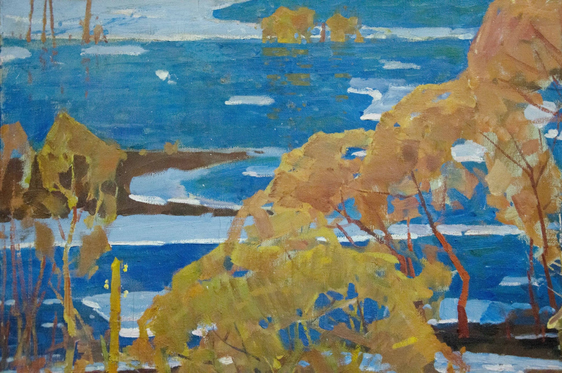 Oil painting Spring flood by Lomykin Konstantin Matveevich vibrant yellow orange trees icy blue water