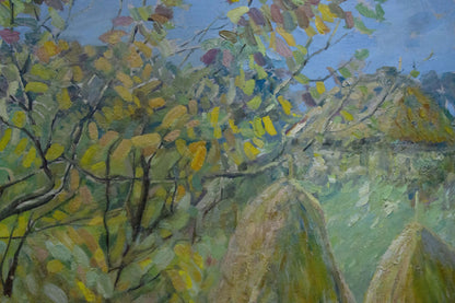 Oil painting At the village: autumn trees, haystacks, blue sky