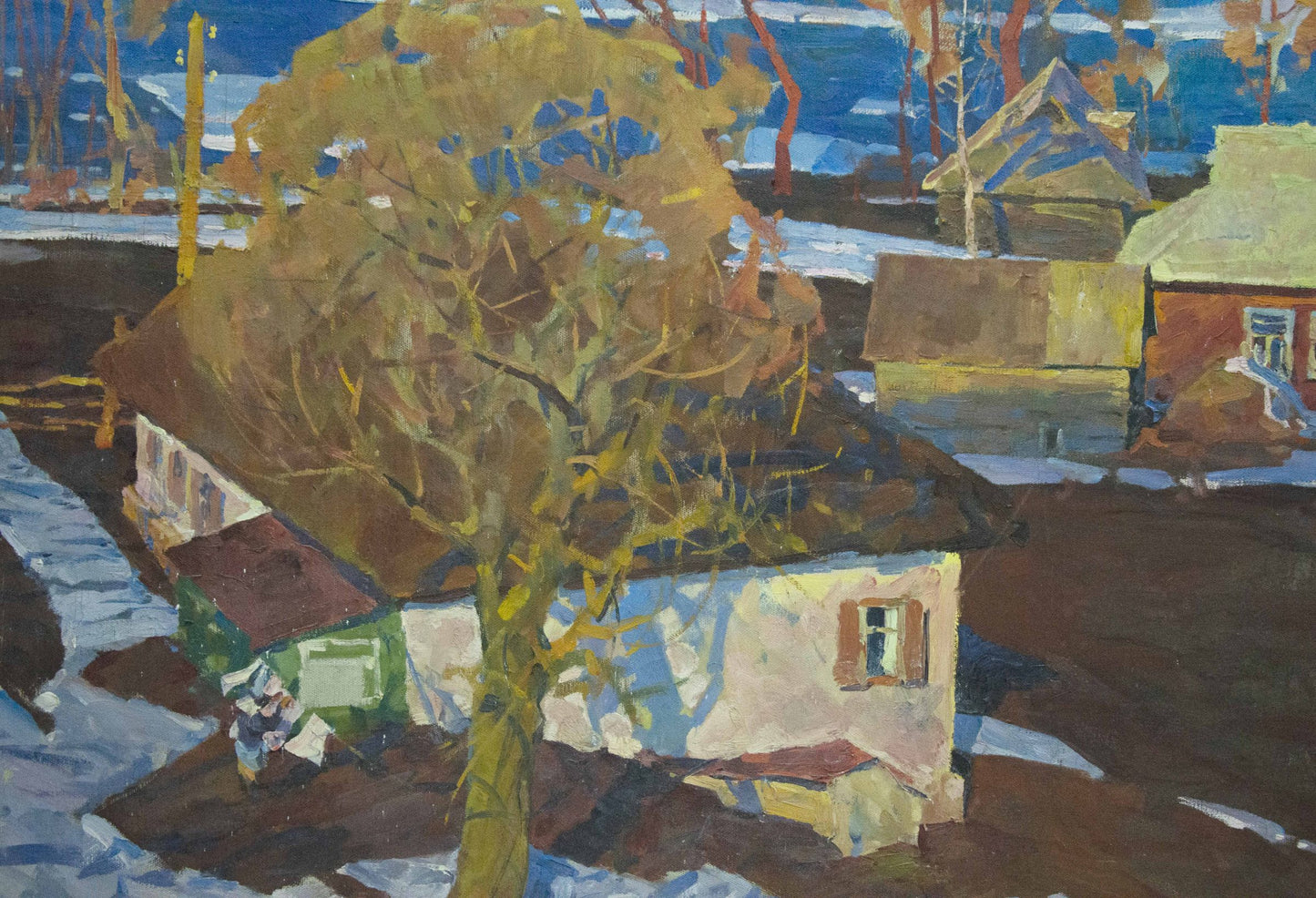 Oil painting Spring flood by Lomykin Konstantin Matveevich: rustic white house in snowy landscape