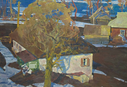 Oil painting Spring flood by Lomykin Konstantin Matveevich: rustic white house in snowy landscape