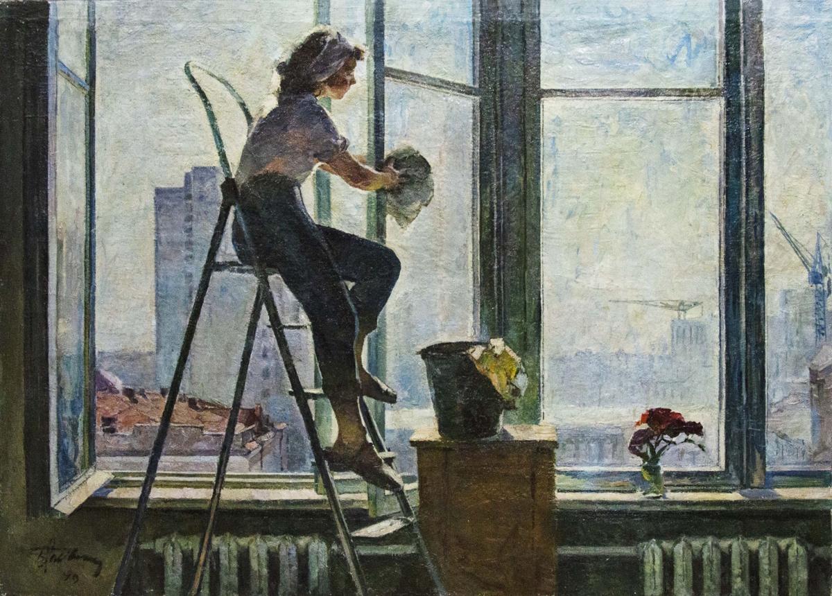 Oil painting of girl washing window, woman on ladder in blue blouse holding hat